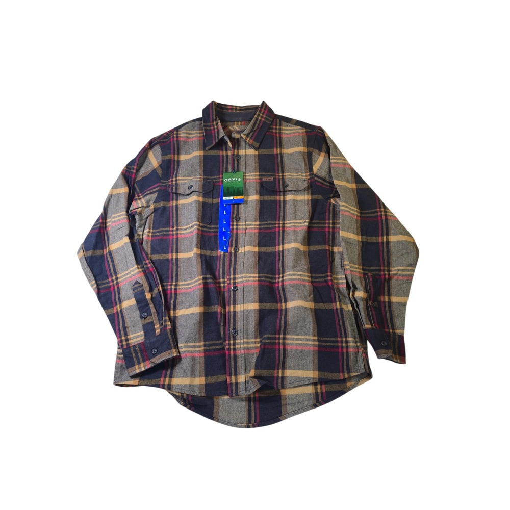 Orvis Mens Plaid Flannel Button Down Shirt Large Navy Tan Red‎ Long Sleeve NWT